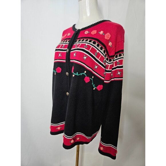 Willow Ridge Large Vintage 90's Rosebud Crochet Cardigan Sweater Red Cottagecore - Picture 4 of 12